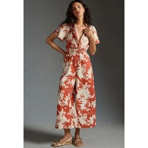 Anthropologie Somerset Cropped Wide Leg Jumpsuit Orange Floral Medium
